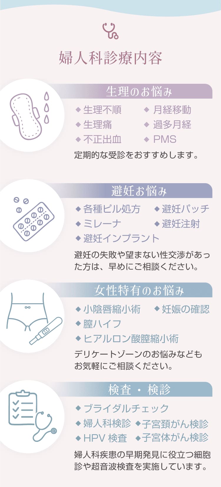 保険診療・自費診療ともに対応。婦人科診療内容